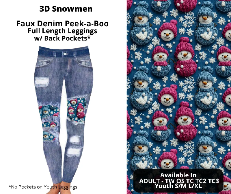 Stylish Women's Attire 3D Snowmen Faux Denim Full Length Peekaboo Leggings