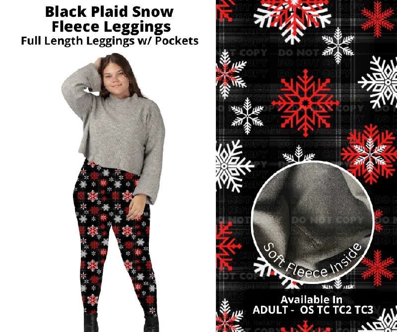 Vintage-Inspired Women's Apparel Black Plaid Snow Fleece Leggings