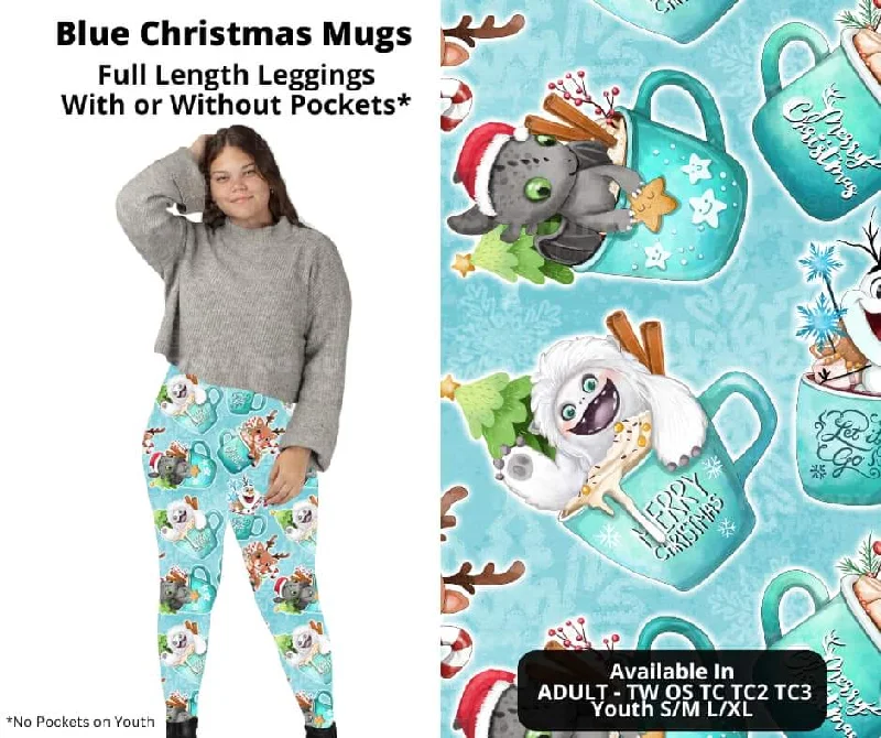 Comfortable Women's Apparel Blue Christmas Mugs Full Length Leggings w/ Pockets