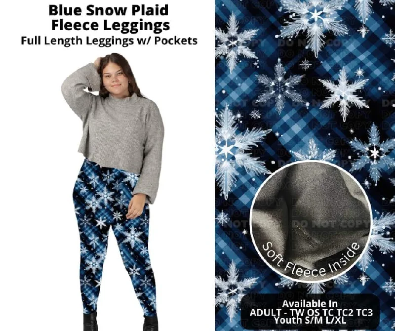 Women's Floral Print Outfit Blue Snow Plaid Fleece Leggings