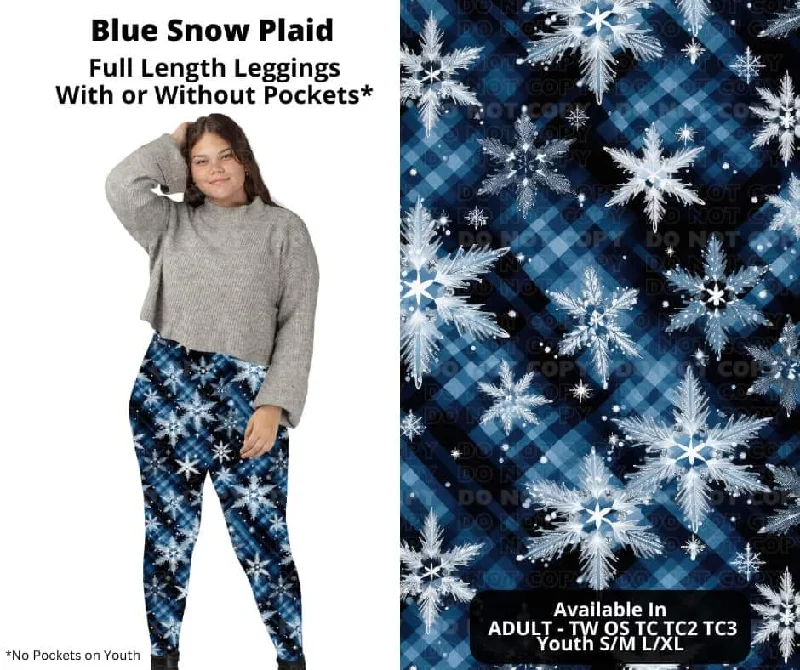 Women's Romantic Outfit Blue Snow Plaid Full Length Leggings w/ Pockets