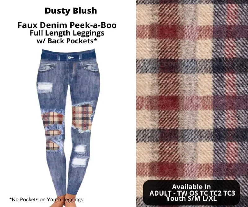 Stylish Women's Outfit Dusty Blush Faux Denim Full Length Peekaboo Leggings