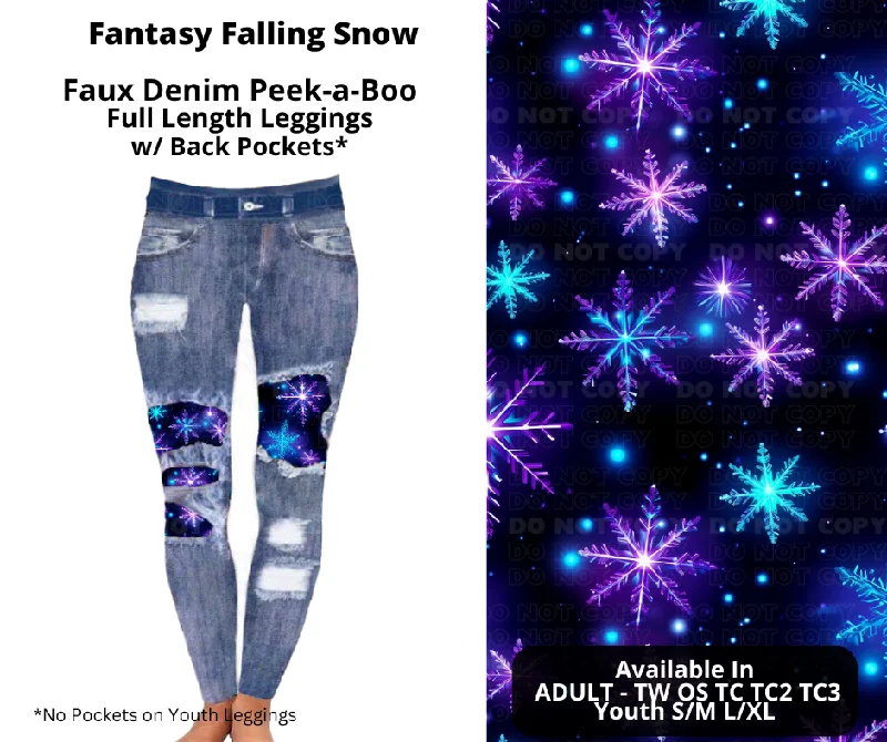 Women's Holiday Attire Fantasy Falling Snow Faux Denim Full Length Peekaboo Leggings Women's Holiday Attire Fantasy Falling Snow Faux Denim Full Length Peekaboo Leggings