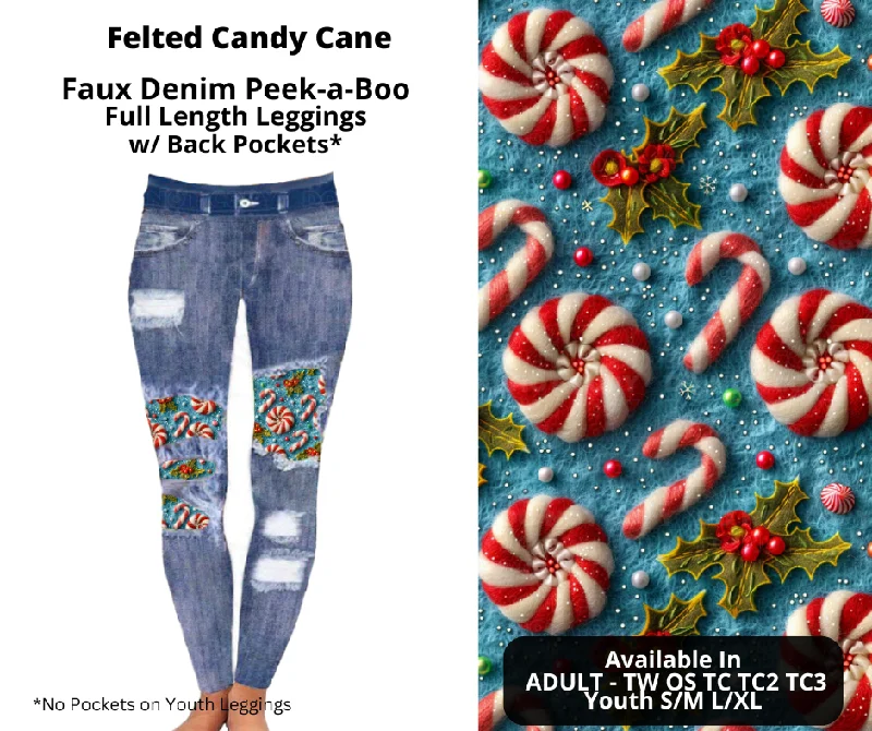 Comfortable Women's Attire Felted Candy Cane Faux Denim Full Length Peekaboo Leggings Comfortable Women's Attire Felted Candy Cane Faux Denim Full Length Peekaboo Leggings