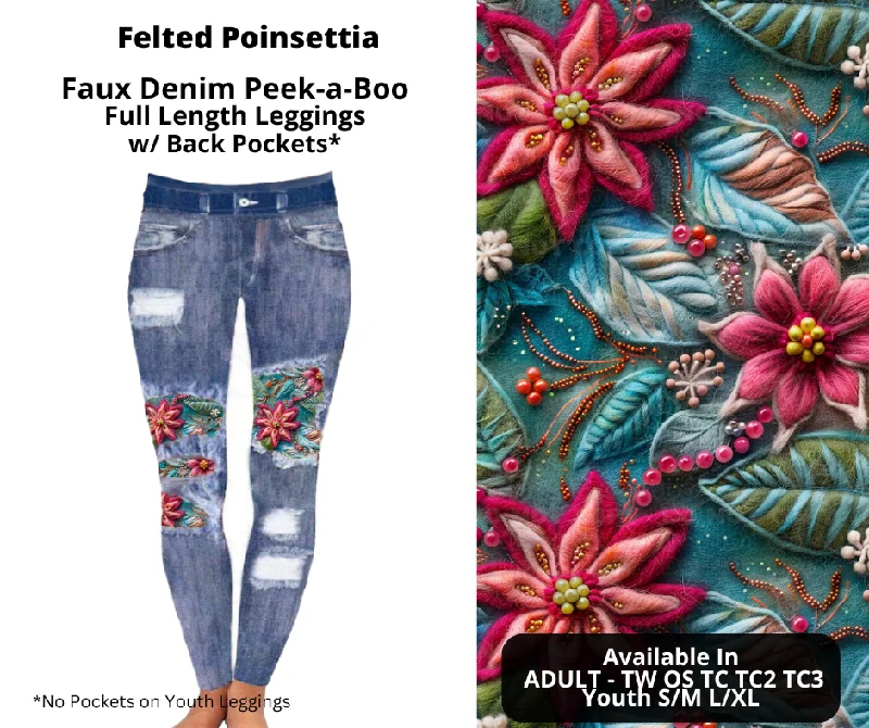 Women's Luxury Attire Felted Poinsettia Faux Denim Full Length Peekaboo Leggings