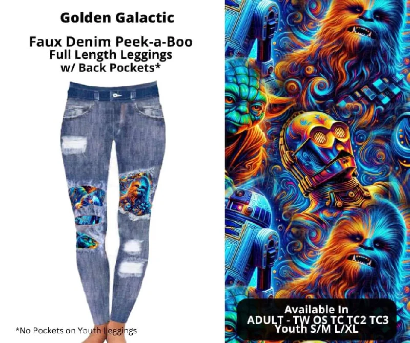 Vintage Women's Fashion Golden Galactic Faux Denim Full Length Peekaboo Leggings