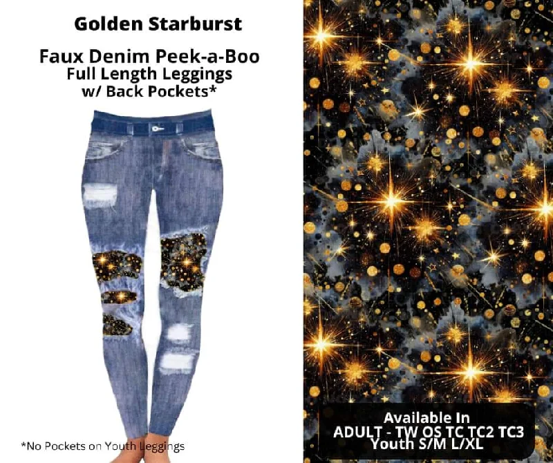 Women's Work Outfit Golden Starburst Faux Denim Full Length Peekaboo Leggings