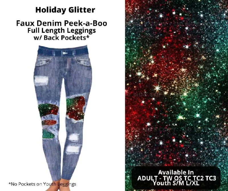 Women's Professional Outfit Holiday Glitter Faux Denim Full Length Peekaboo Leggings