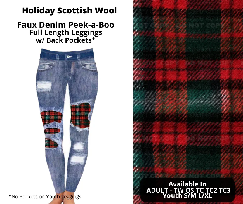 Women's Vacation Attire Holiday Scottish Wool Faux Denim Full Length Peekaboo Leggings Women's Vacation Attire Holiday Scottish Wool Faux Denim Full Length Peekaboo Leggings