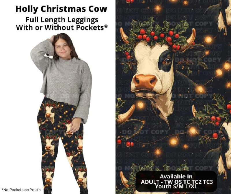 Women's Athletic Garments Holly Christmas Cow Full Length Leggings w/ Pockets