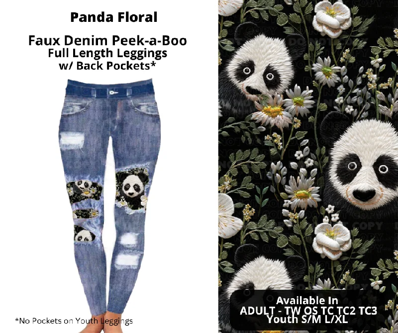 Women's Outdoor Attire Panda Floral Faux Denim Full Length Peekaboo Leggings