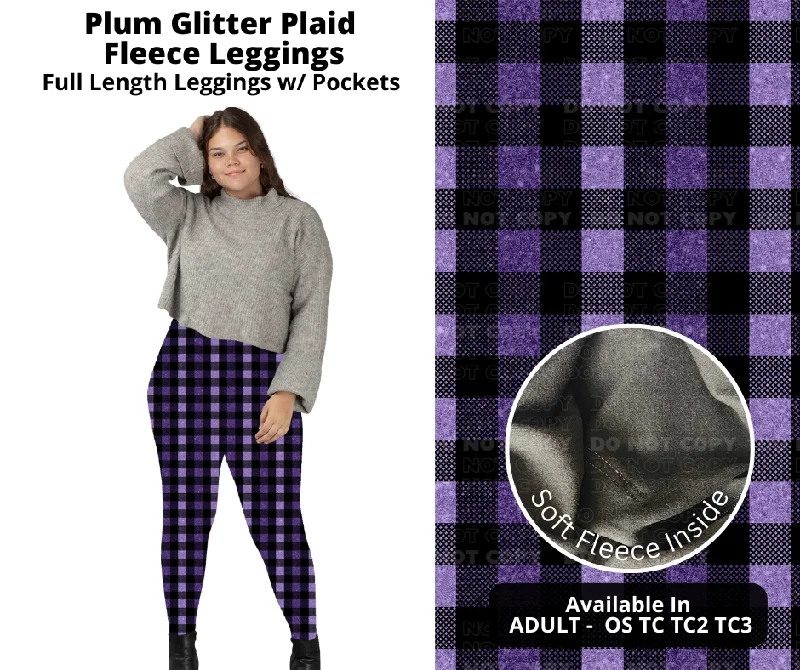 Women's Comfortable Apparel Plum Glitter Plaid Fleece Leggings