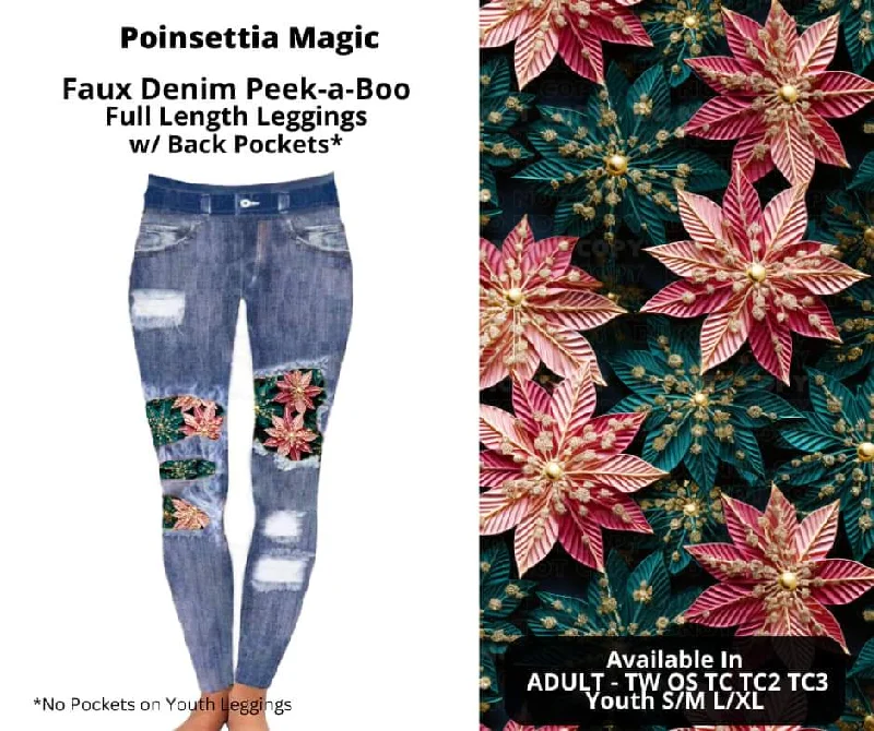 Women's Party Outfit Poinsettia Magic Faux Denim Full Length Peekaboo Leggings