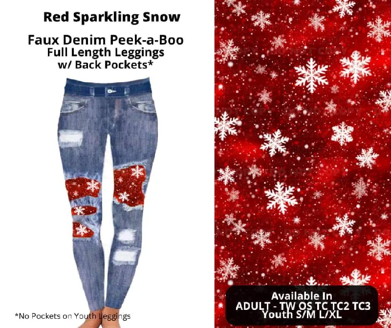 Chic Women's Outfit Red Sparkling Snow Faux Denim Full Length Peekaboo Leggings