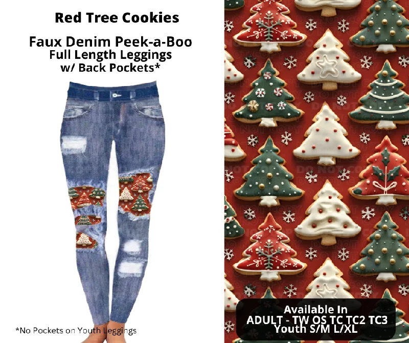 Women's Formal Event Attire Red Tree Cookies Faux Denim Full Length Peekaboo Leggings Women's Formal Event Attire Red Tree Cookies Faux Denim Full Length Peekaboo Leggings