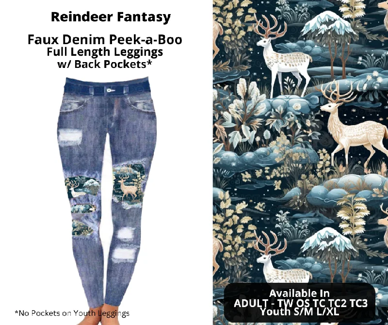 Women's Casual Attire Reindeer Fantasy Faux Denim Full Length Peekaboo Leggings