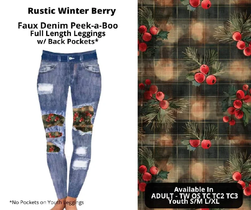 Women's Vacation Outfit Rustic Winter Berry Faux Denim Full Length Peekaboo Leggings
