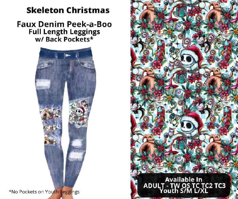Casual Outfit For Women Skeleton Christmas Faux Denim Full Length Peekaboo Leggings