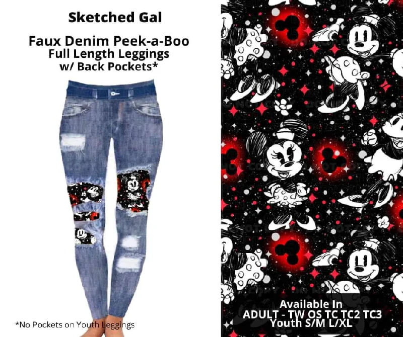 Women's Evening Wear Sketched Gal Faux Denim Full Length Peekaboo Leggings