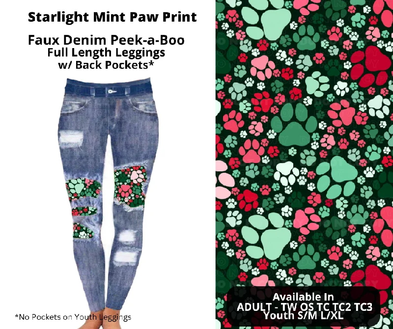 Modern Women's Attire Starlight Mint Paw Print Faux Denim Full Length Peekaboo Leggings Modern Women's Attire Starlight Mint Paw Print Faux Denim Full Length Peekaboo Leggings