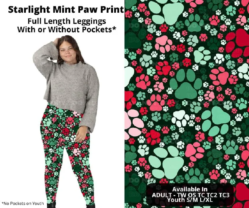 Women's Stylish Vacation Attire Starlight Mint Paw Print Full Length Leggings w/ Pockets