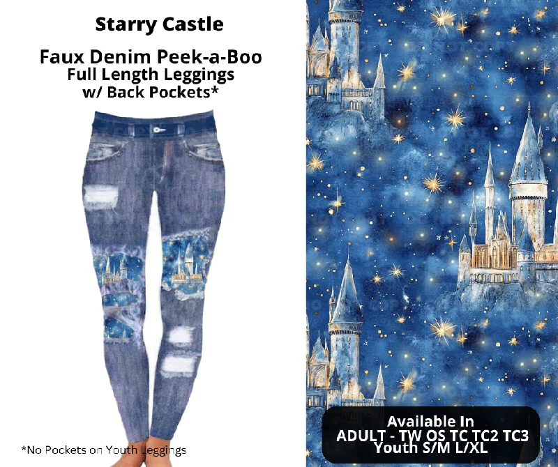 Elegant Women's Attire Starry Castle Faux Denim Full Length Peekaboo Leggings
