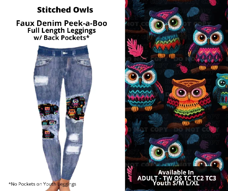 Casual Attire For Women Stitched Owls Faux Denim Full Length Peekaboo Leggings
