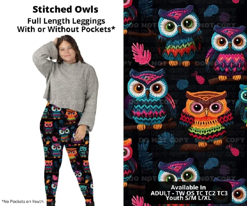 Women's Plus-Size Casual Outfit Stitched Owls Full Length Leggings w/ Pockets