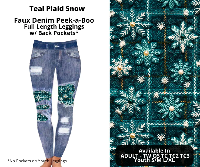 Women's Travel Outfit Set Teal Plaid Snow Faux Denim Full Length Peekaboo Leggings