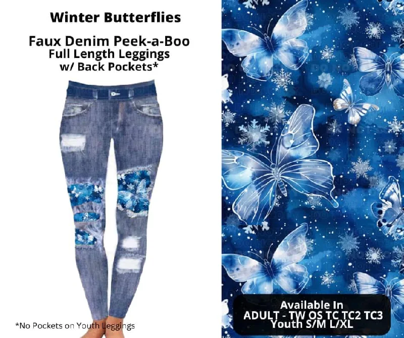 Women's Casual Wear Outfit Winter Butterflies Faux Denim Full Length Peekaboo Leggings Women's Casual Wear Outfit Winter Butterflies Faux Denim Full Length Peekaboo Leggings
