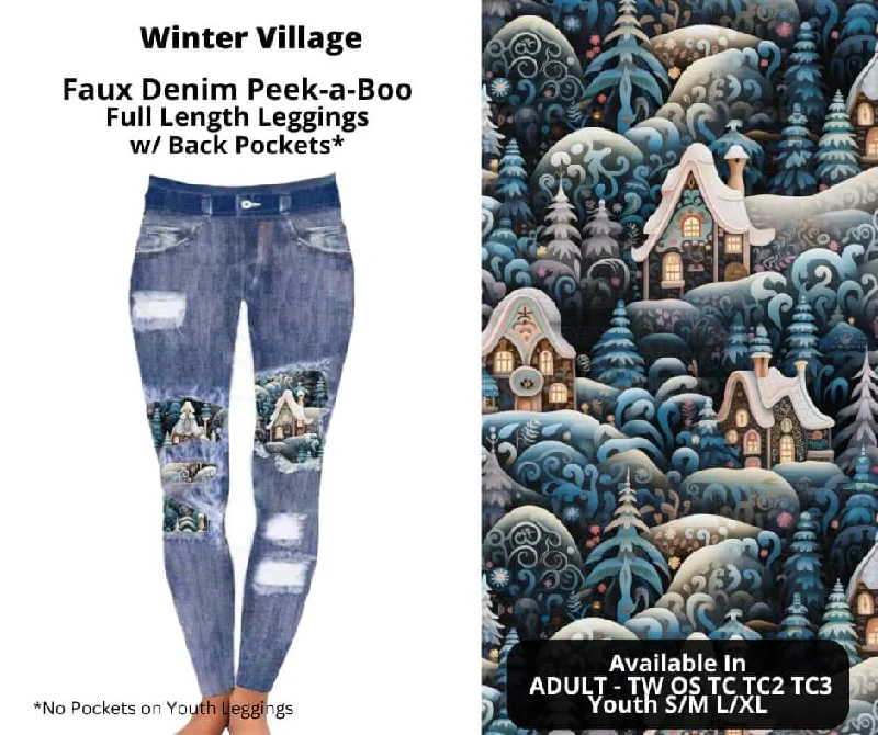 Women's Elegant Outfit Winter Village Faux Denim Full Length Peekaboo Leggings
