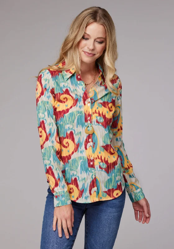 Affordable Women's Outfit Roper Womens Ikat Paisley Print Multi-Color 100% Polyester L/S Shirt Affordable Women's Outfit Roper Womens Ikat Paisley Print Multi-Color 100% Polyester L/S Shirt