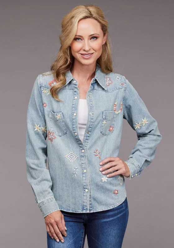 Workwear Fashion for Women Stetson Womens Embroidered Boyfriend Fit Light Blue 100% Cotton L/S Blouse Workwear Fashion for Women Stetson Womens Embroidered Boyfriend Fit Light Blue 100% Cotton L/S Blouse